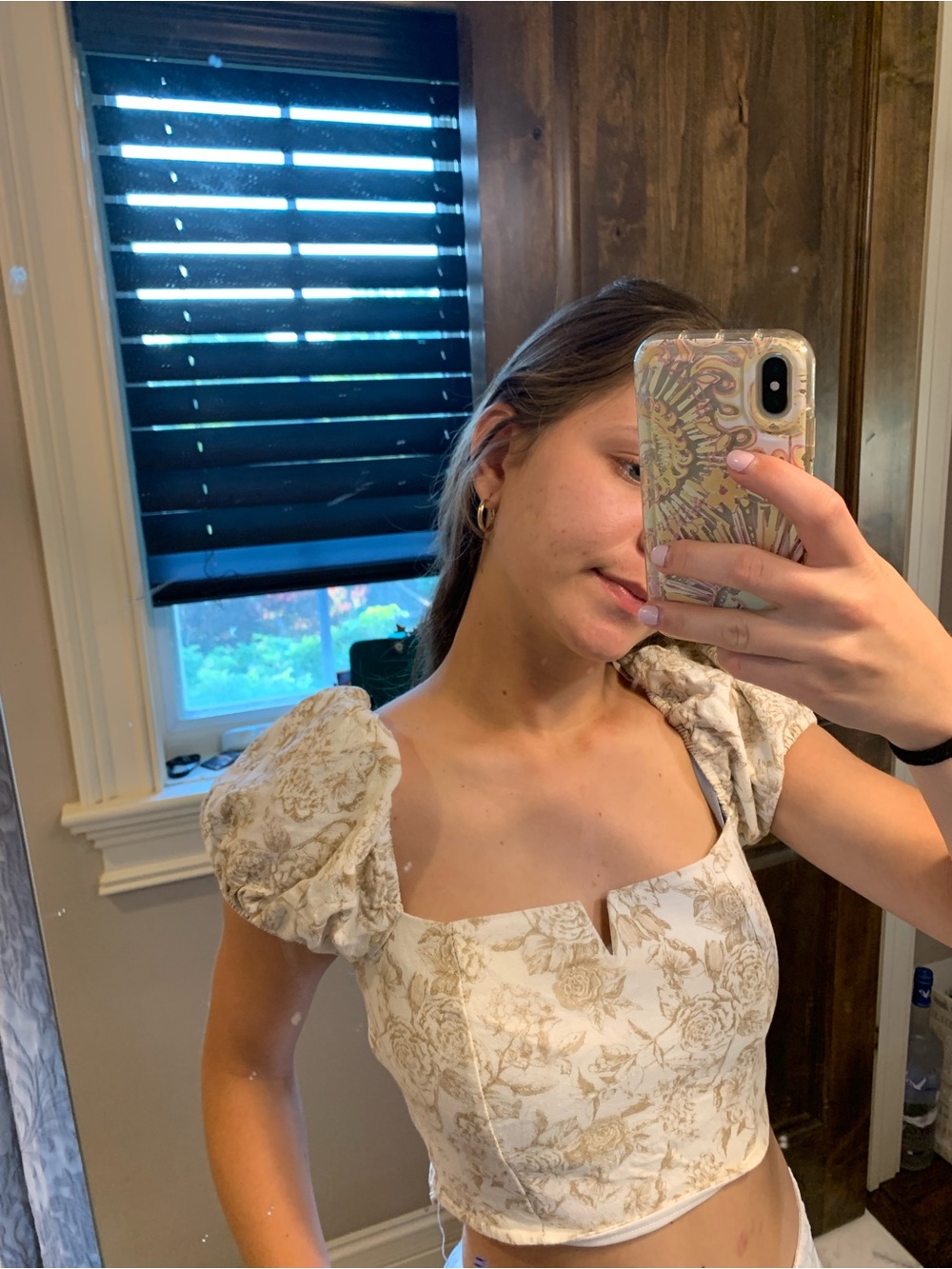 Altar’d State Ivory Floral Puff-Sleeve Crop Top